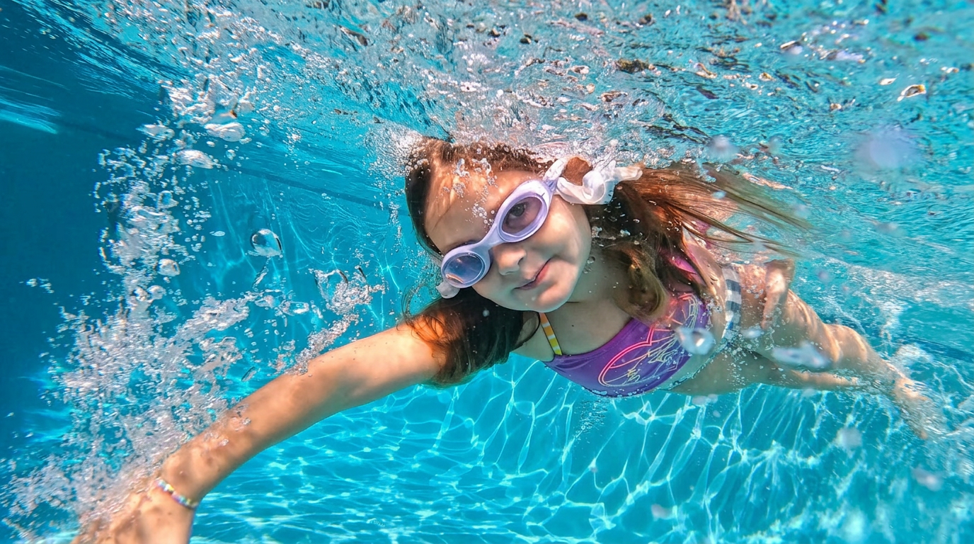 Young swimmer gliding underwater with goggles, mid-stroke