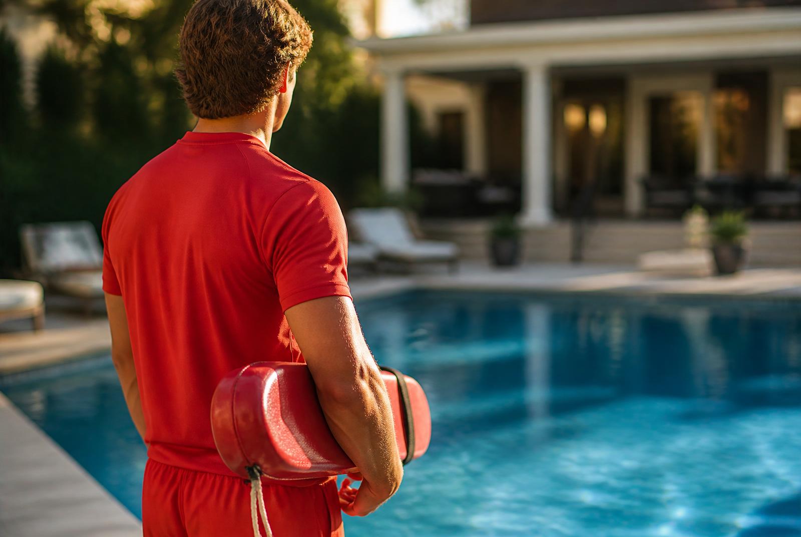 Certified lifeguard watching a private backyard pool during a family event